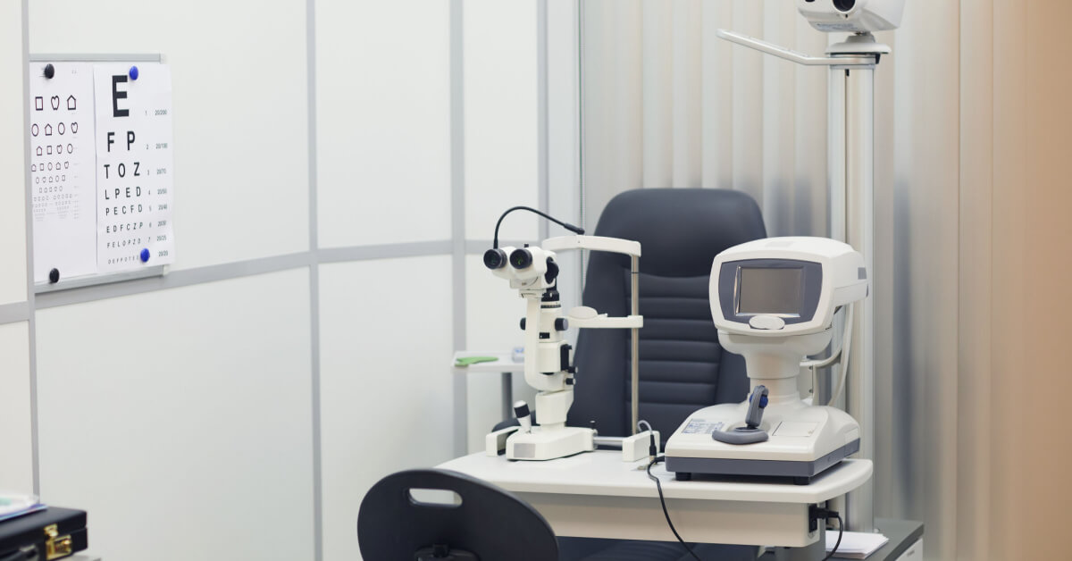 Horizontal background image of modern optometrist equipment in ophthalmology clinic, copy space
